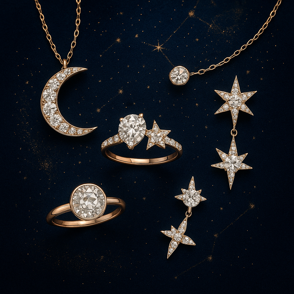 Celestial-inspired diamond jewelry set on midnight blue velvet, featuring a crescent moon pendant, star-shaped diamond earrings, pear-cut and round-cut diamond rings, and a floating diamond necklace in gold settings.