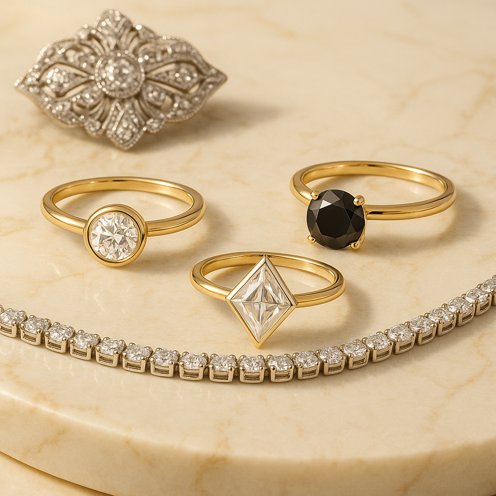 Luxury engagement rings in Dubai displayed on marble, featuring a bezel-set diamond ring, a black diamond solitaire, a geometric-cut diamond ring, a vintage-inspired diamond brooch, and a classic diamond tennis bracelet.