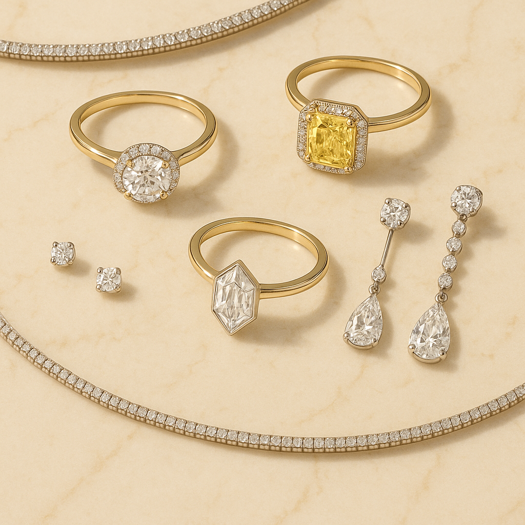 Luxury engagement rings in Dubai displayed on marble, featuring a hidden halo diamond ring, fancy yellow diamond ring, geometric-cut diamond ring, minimalist diamond studs, convertible diamond earrings, and a diamond choker necklace.
