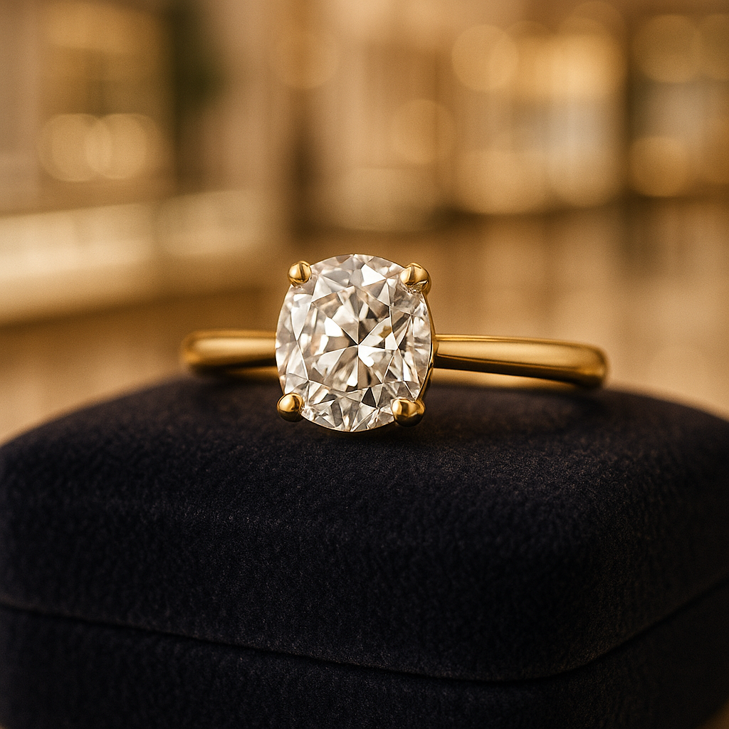 Old Mine-Cut Diamonds in Dubai displayed in an elegant gold setting on a velvet box, capturing their antique charm and warm sparkle