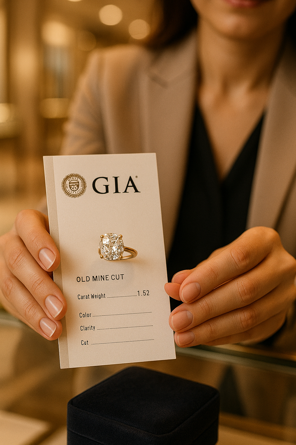 Custom-designed Old Mine-Cut Diamond ring in Dubai presented with GIA certificate, symbolizing authenticity and bespoke craftsmanship