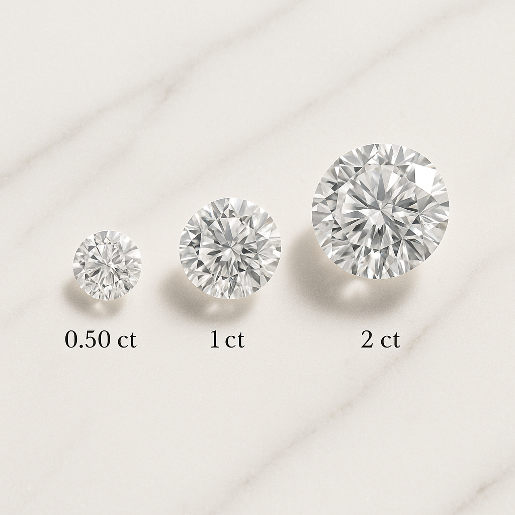 Loose natural diamonds in 0.50ct, 1ct, and 2ct sizes on marble surface – Diamond Price in Dubai