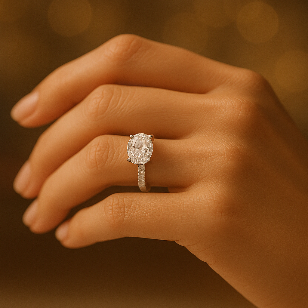 Close-up of a hand wearing a diamond engagement ring and tennis bracelet, representing the luxury shopping experience in Dubai.