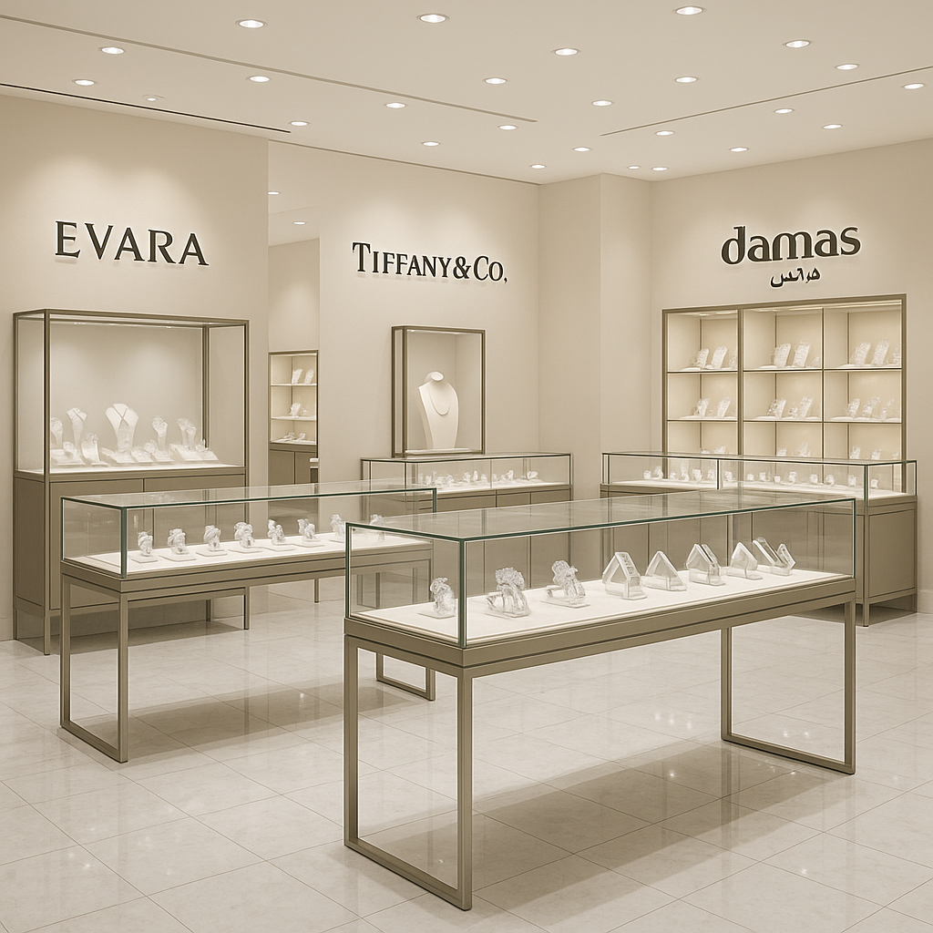 Interior of a luxury diamond jewelry showroom in Dubai showcasing rings and necklaces from top jewelers.