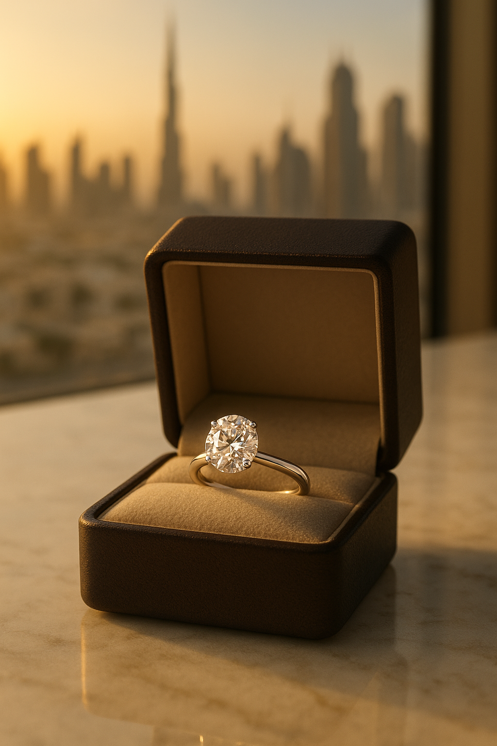 Diamond engagement ring in a luxury box with Dubai skyline backdrop.