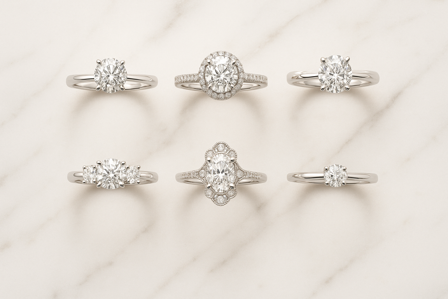 Popular diamond engagement ring styles in Dubai: solitaire, halo, pavé, three-stone, vintage, minimalist displayed on marble.