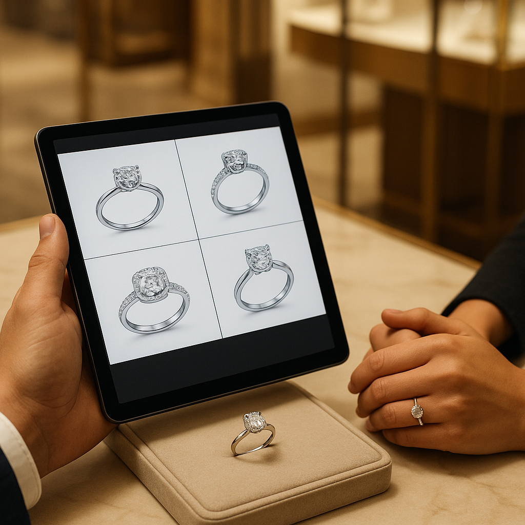 Custom engagement ring design consultation in Dubai showroom.