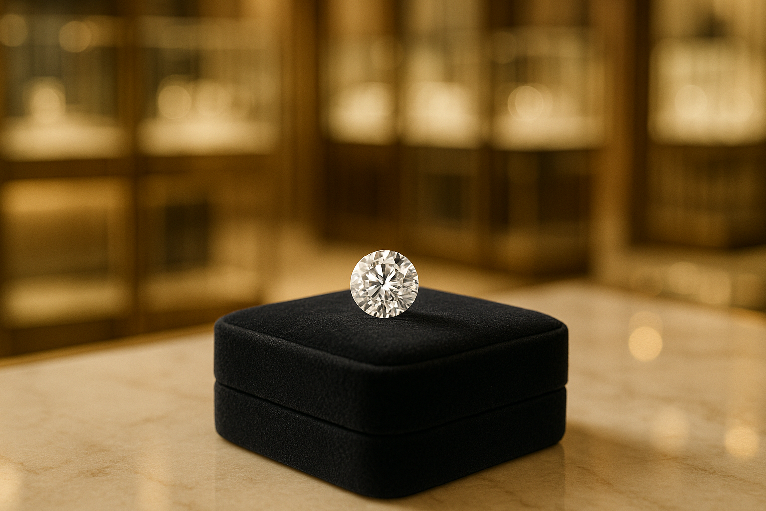 Close-up of a 1-carat round diamond on a velvet box in a Dubai showroom – diamond price calculator in Dubai guide