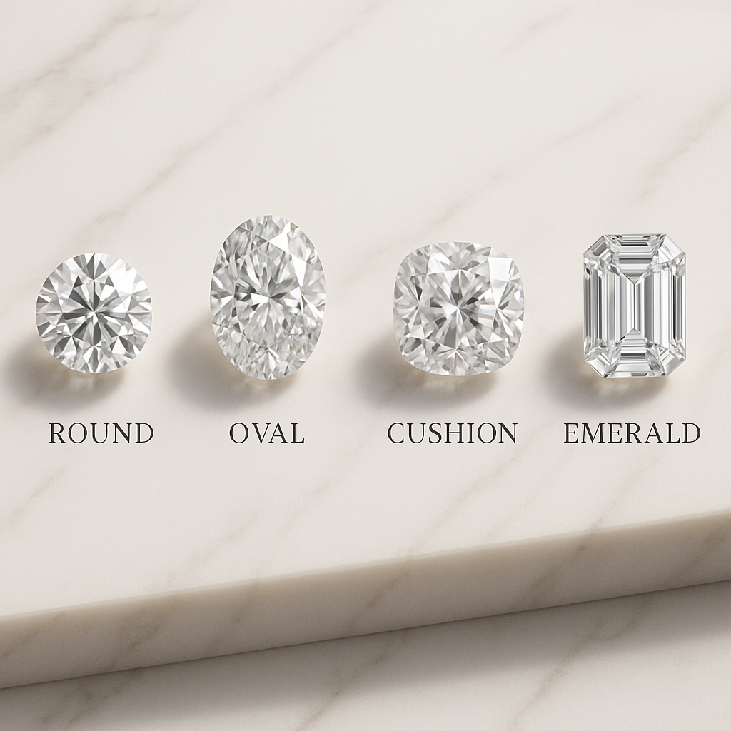 Different diamond shapes – round, oval, cushion, and emerald – displayed on marble, illustrating shape and price differences in Dubai.