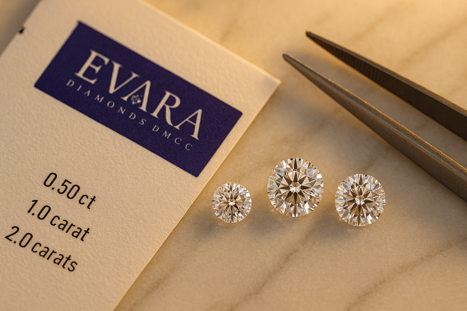 Three round brilliant diamonds in 0.50ct, 1.0ct, and 2.0ct sizes displayed on marble beside Evara Diamonds card and tweezers – Dubai diamond price comparison.