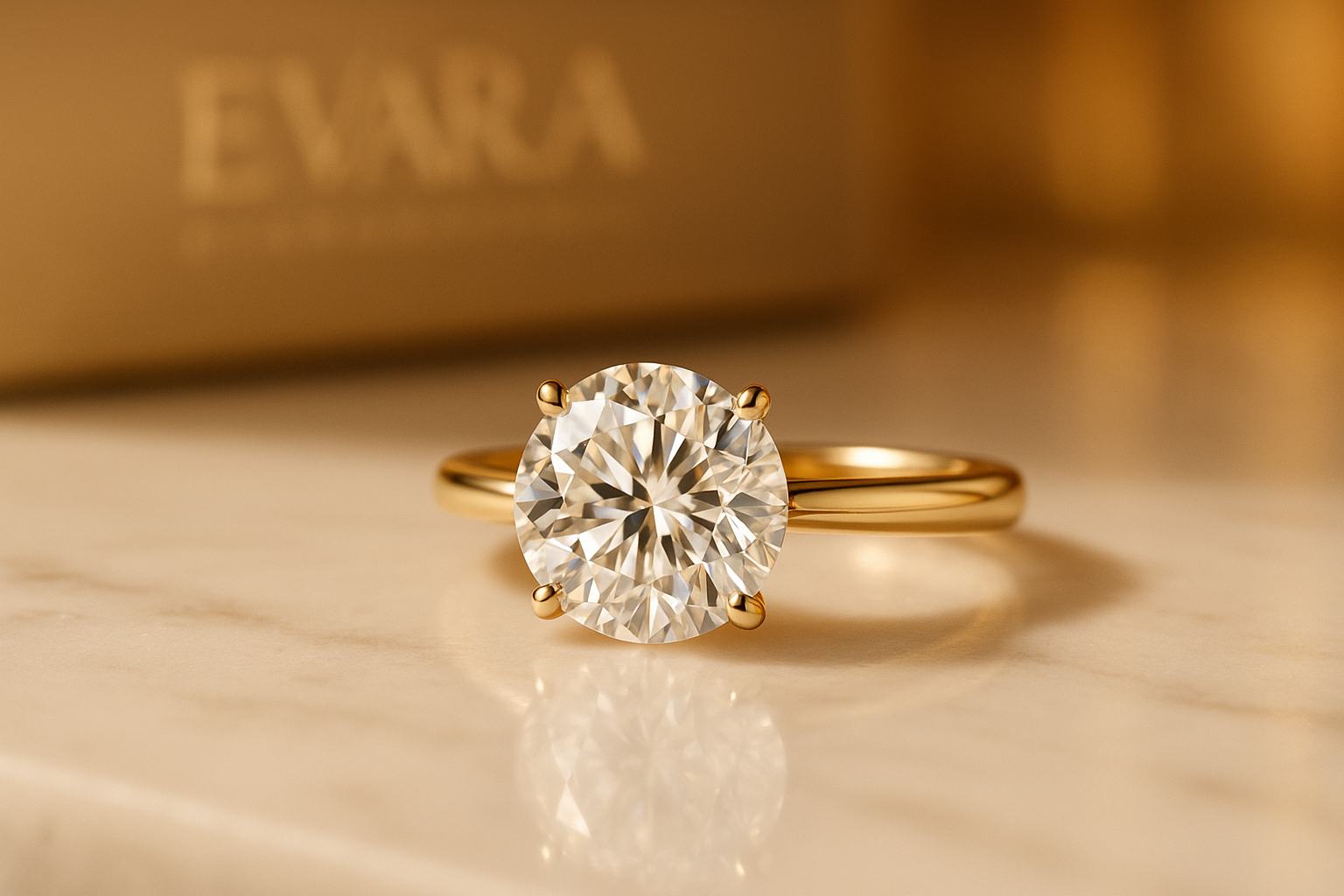 4-carat yellow gold round diamond engagement ring on marble surface, luxury Dubai showroom lighting.