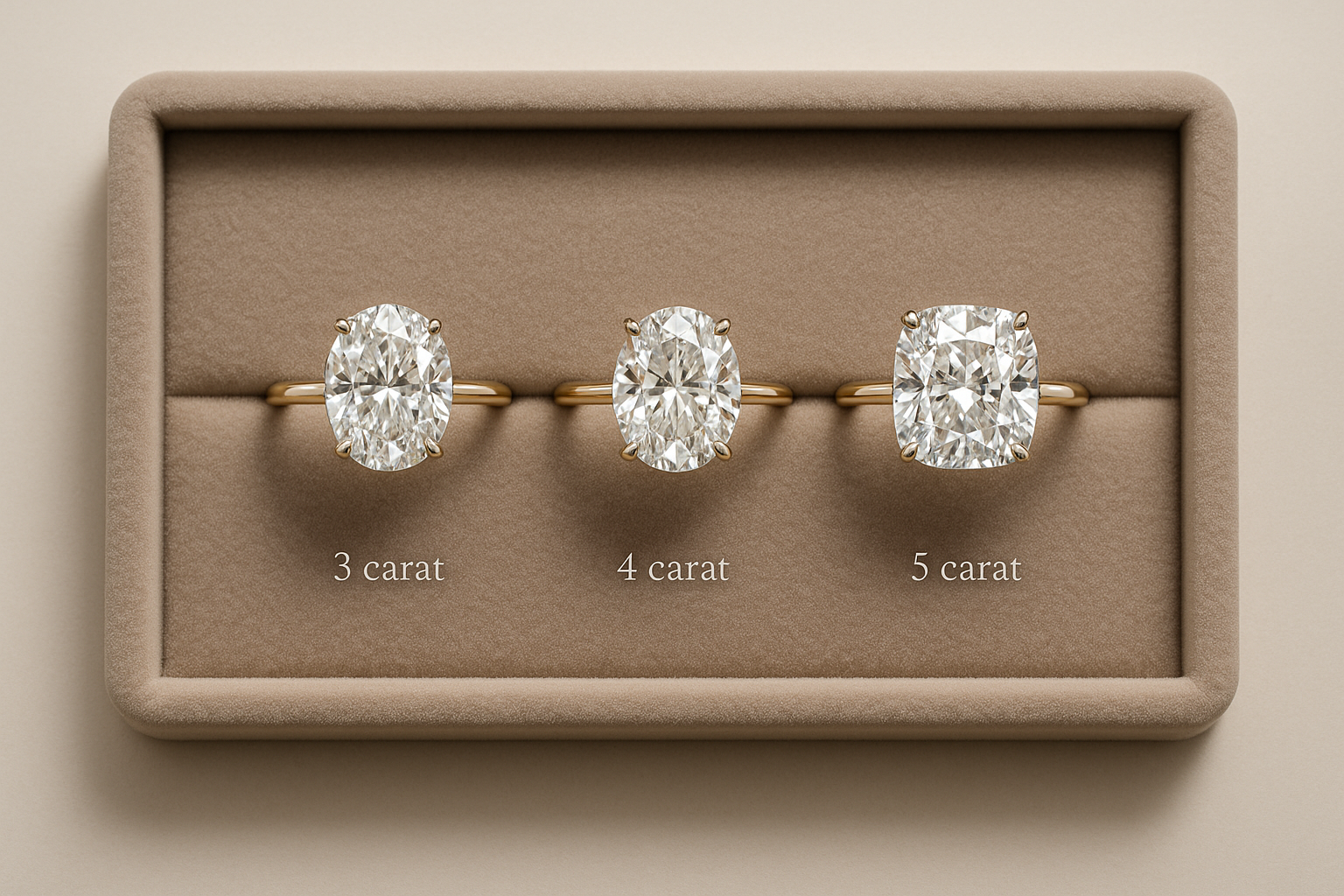 Side-by-side comparison of 3ct, 4ct, and 5ct oval and cushion-cut diamond engagement rings on velvet tray.