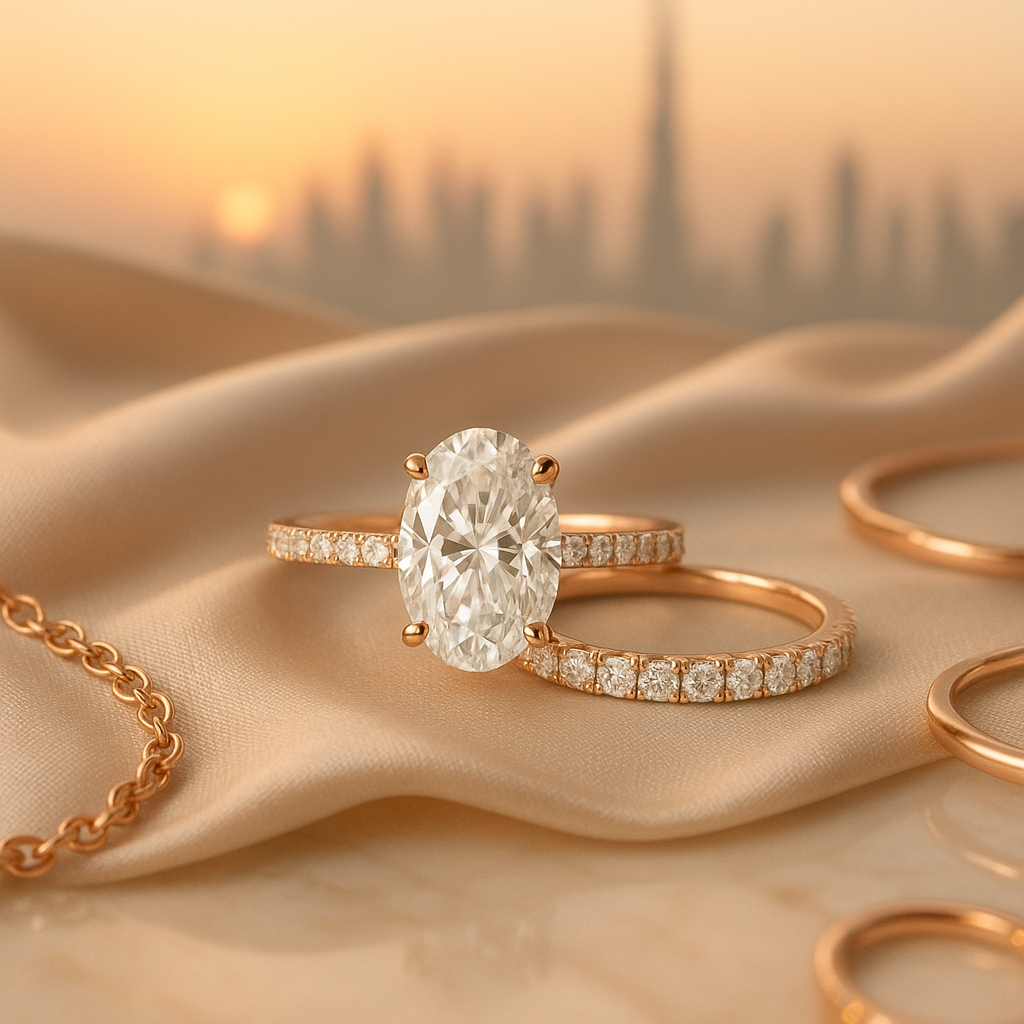 Oval-cut engagement ring with diamond eternity band and rose gold jewelry in Dubai