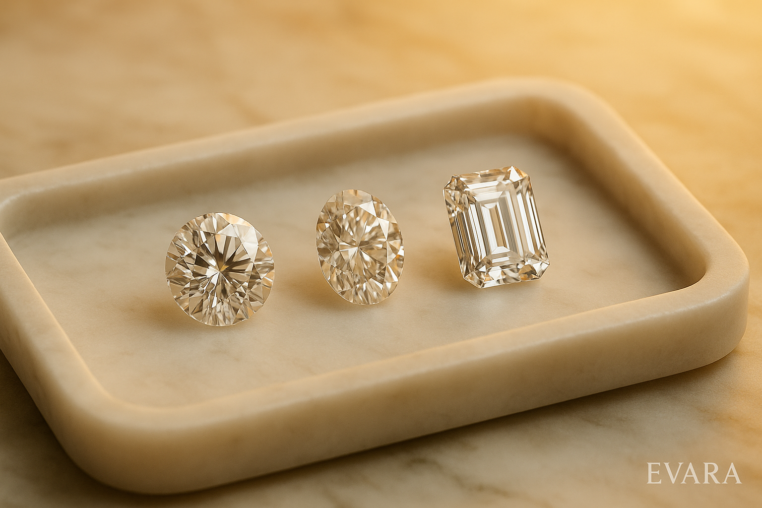 Round, oval, and emerald diamond shapes displayed on a marble tray in Dubai showroom lighting.
