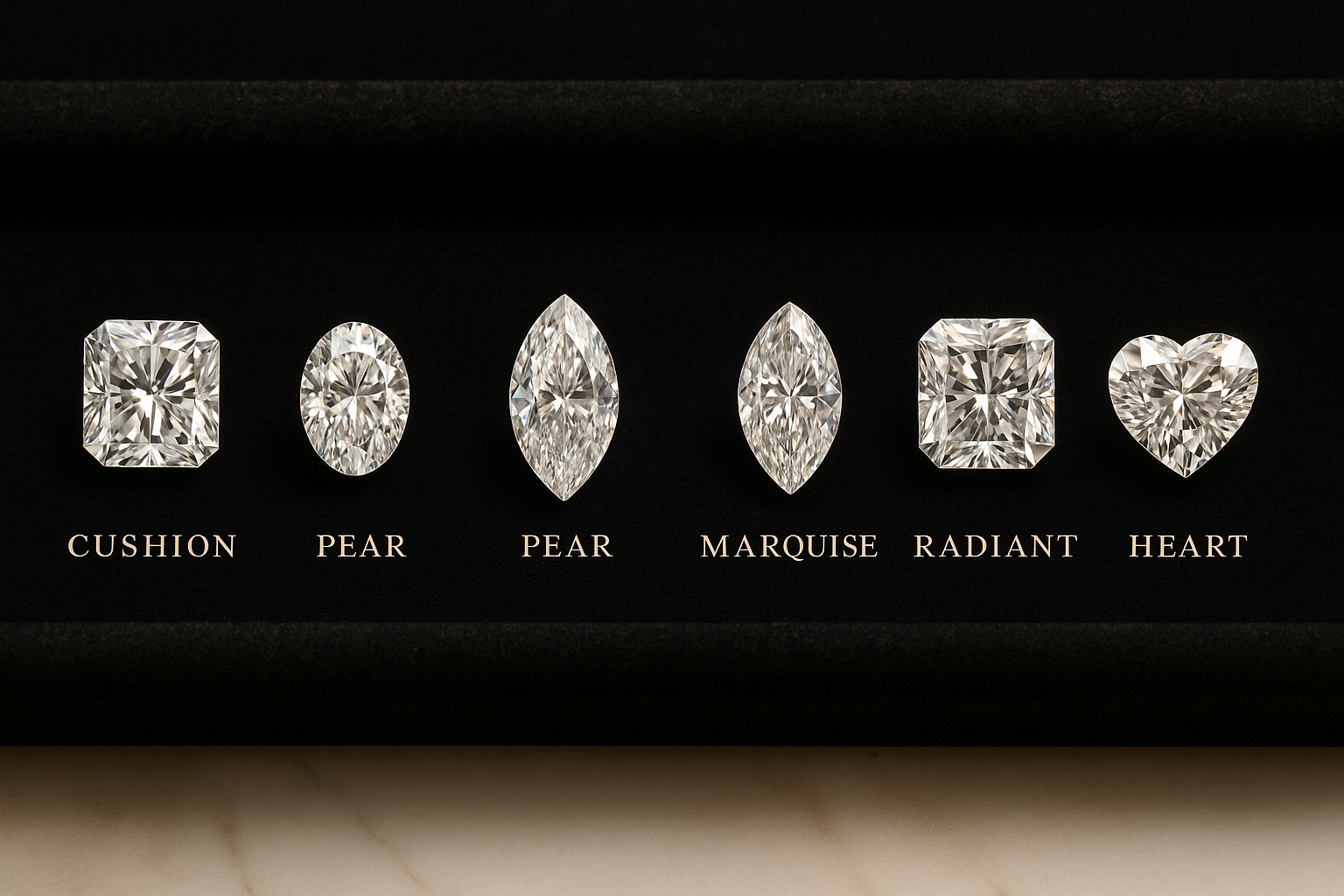 Cushion, princess, pear, marquise, radiant, and heart-shaped diamonds arranged on black velvet.