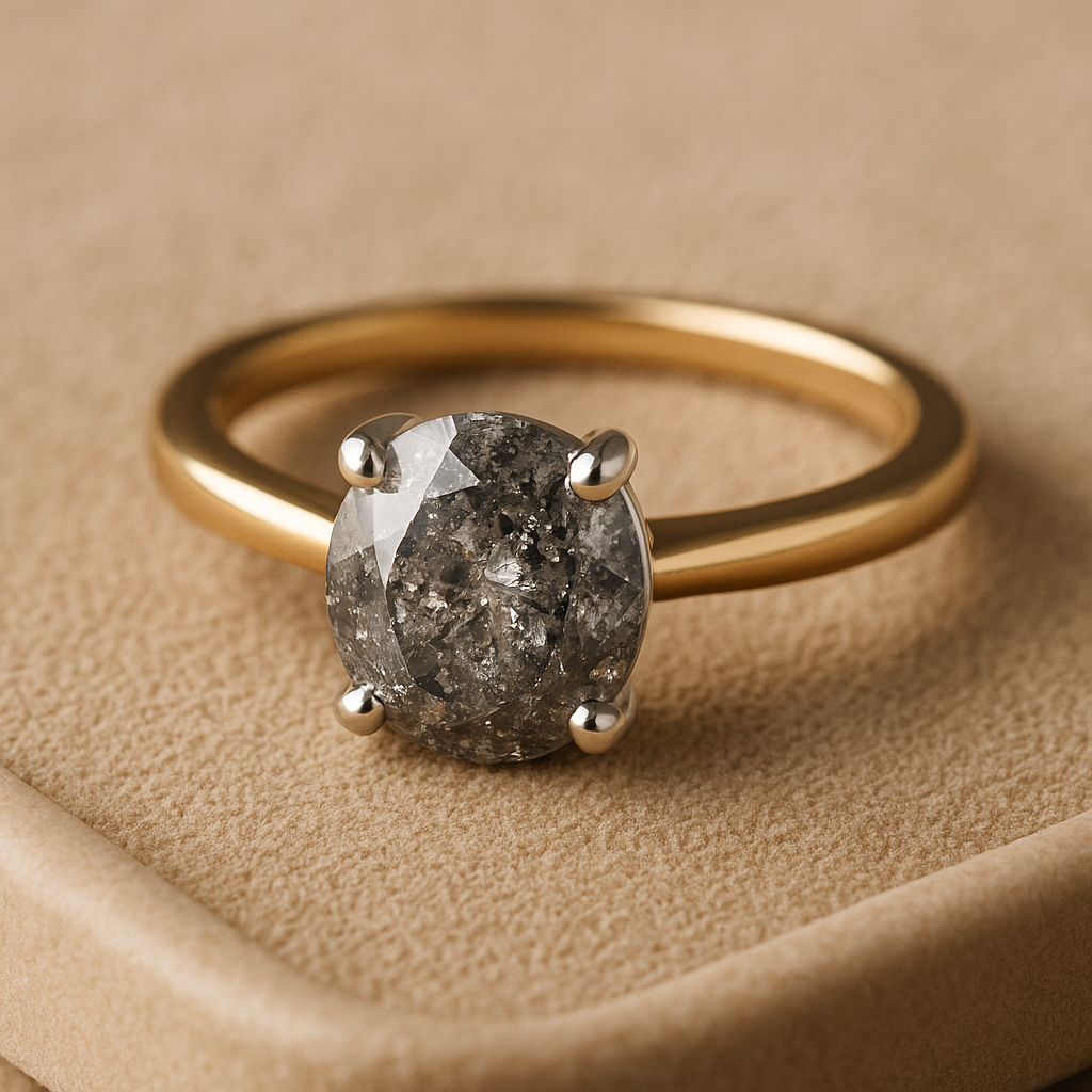 Close-up of a salt and pepper diamond engagement ring in mixed-metal setting on suede background.
