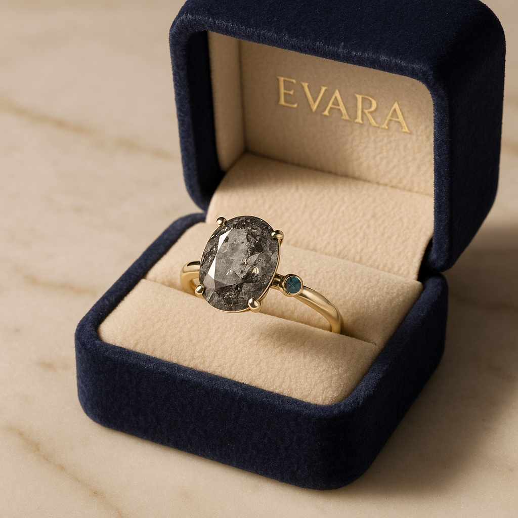 Personalized salt and pepper diamond ring with engraving and birthstone in luxury Evara jewelry box.