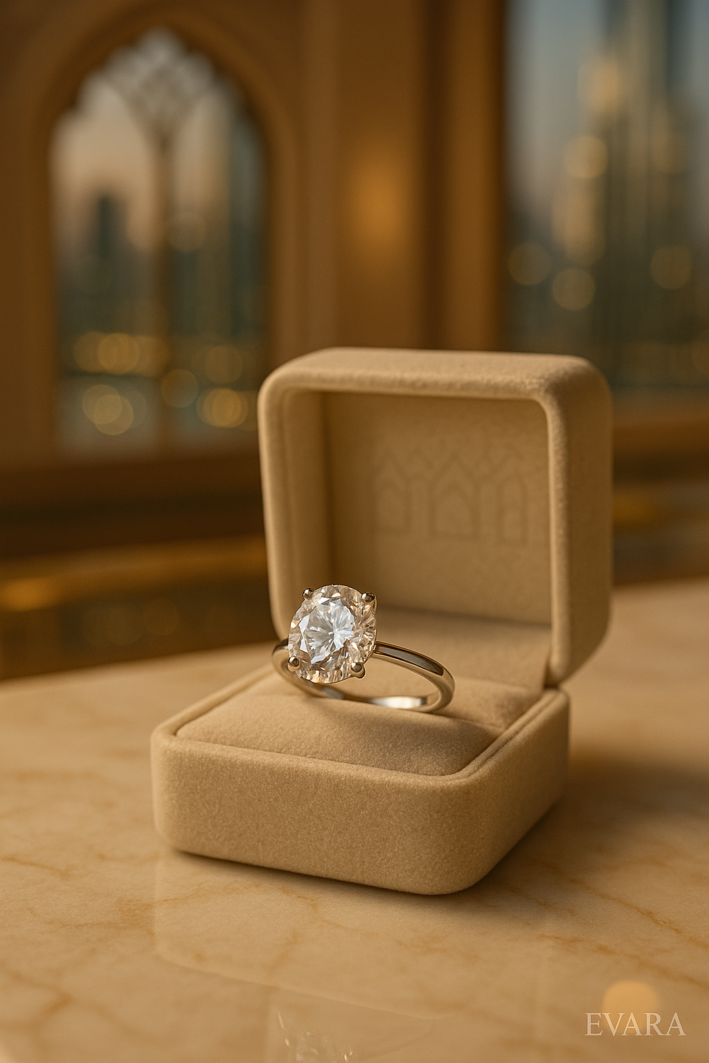 Diamond engagement ring displayed in a luxury Dubai jewelry boutique with marble counters and warm lighting.