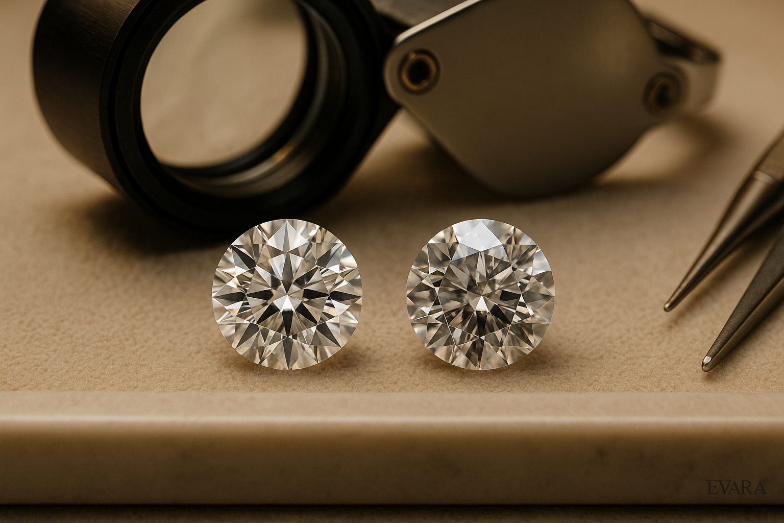 Two GIA-certified natural diamonds being examined under a jeweler’s loupe in Dubai.