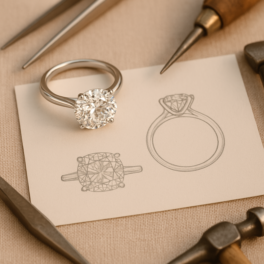 Custom diamond engagement ring and CAD sketch created by Evara Diamonds in Dubai.